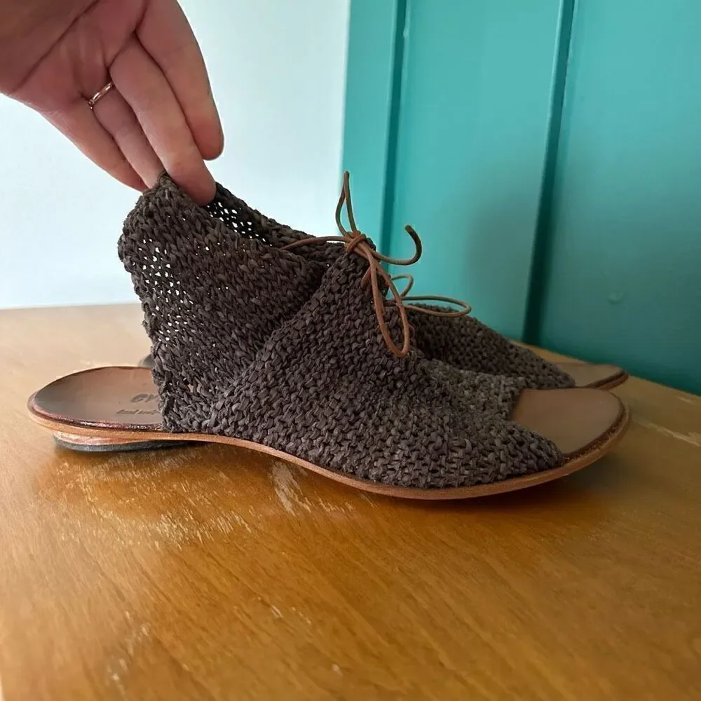 CYDWOQ Vintage Women’s Grey Taupe Woven Lace Up Leather Sole Sandal